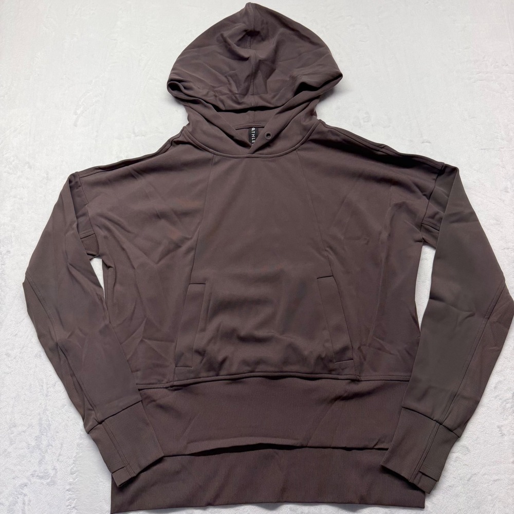 Athleta Mission Hoodie XS Brown Sculptek Light High Low Pullover Thumbholes